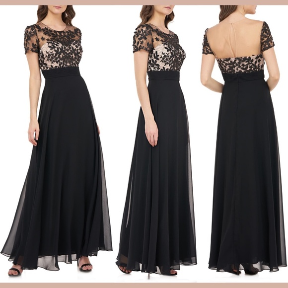 NWT $298‎ JS Collections Embroidered Illusion Bodice Gown in Black [SZ 8 ] - Picture 1 of 8